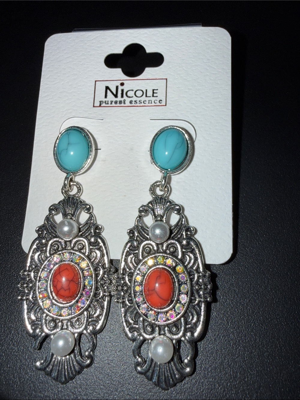 Nicole Turquoise & Coral Filigree Drop Earrings